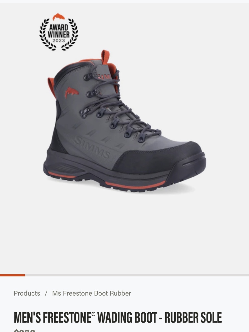 Simms Gray Men's Freestone Wading Boot Like New